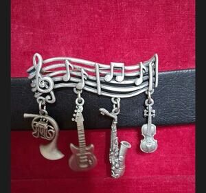 Vtg JJ Jonette Pewter Brooch Silver Tone 4 Dangling Musical Instruments